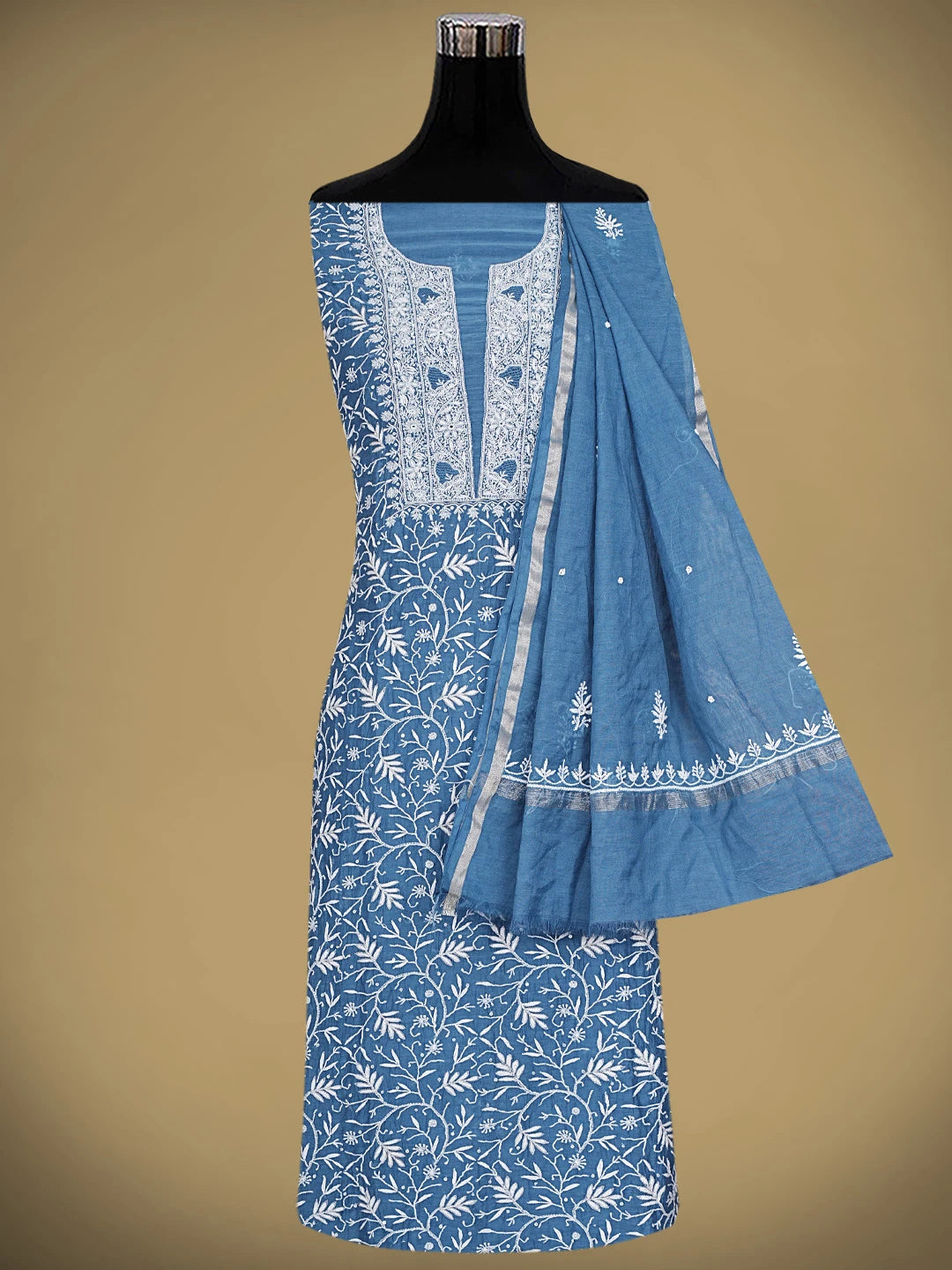 Ada Hand Embroidered Cobalt Blue Chanderi Lucknowi Chikankari Unstitched Kurta Dupatta Set With Cutdana Work 01A712212