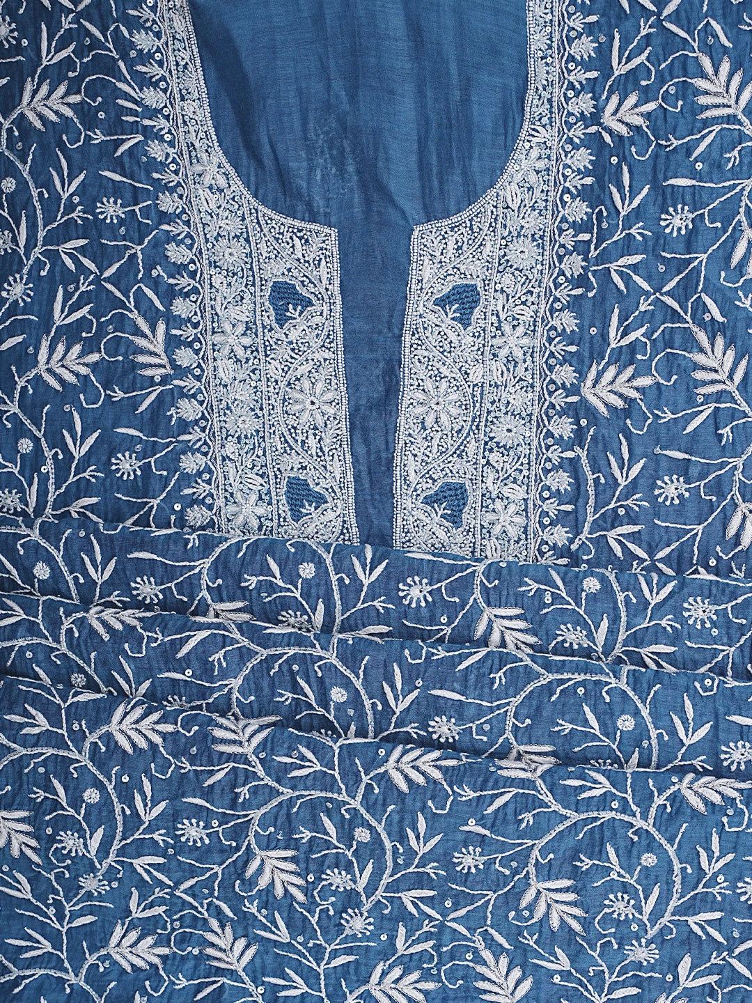Ada Hand Embroidered Cobalt Blue Chanderi Lucknowi Chikankari Unstitched Kurta Dupatta Set With Cutdana Work 01A712212