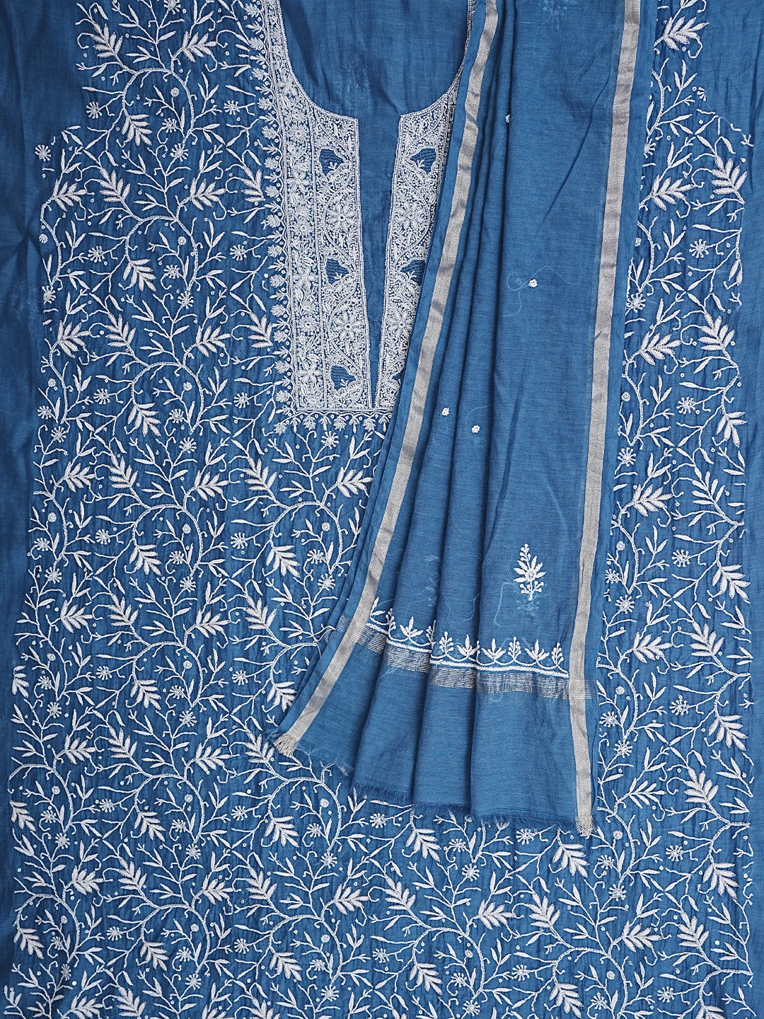 Ada Hand Embroidered Cobalt Blue Chanderi Lucknowi Chikankari Unstitched Kurta Dupatta Set With Cutdana Work 01A712212