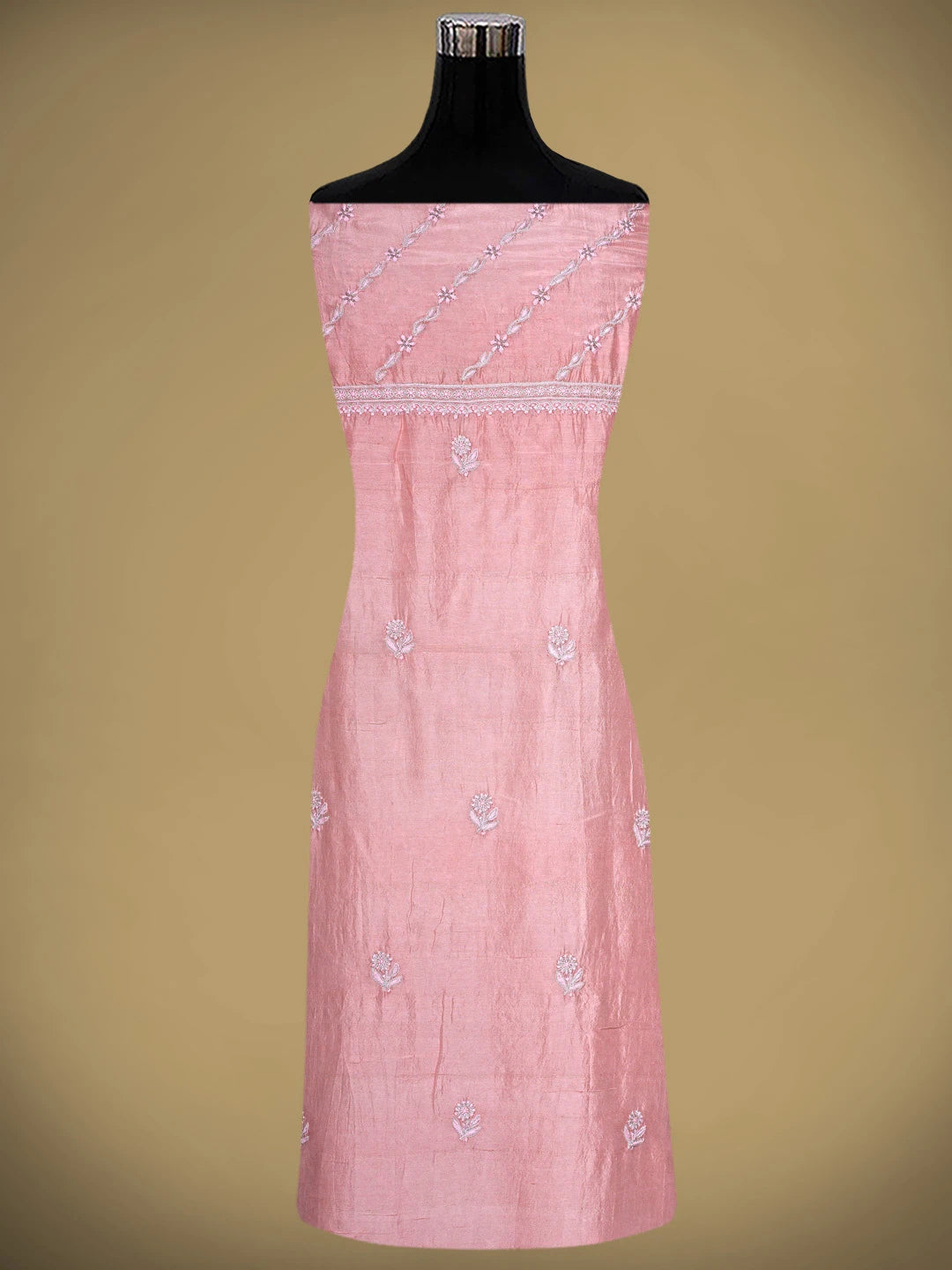 Ada Hand Embroidered Peachy Pink  Silk Lucknowi Chikankari Unstitched Kurta Dupatta Set With Zari Work 01A590740