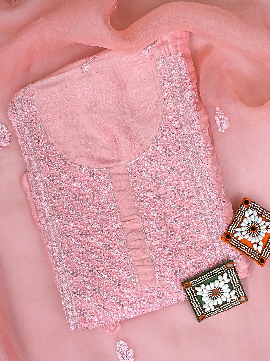 Ada Hand Embroidered Peachy Pink  Silk Lucknowi Chikankari Unstitched Kurta Dupatta Set With Zari Work 01A590740