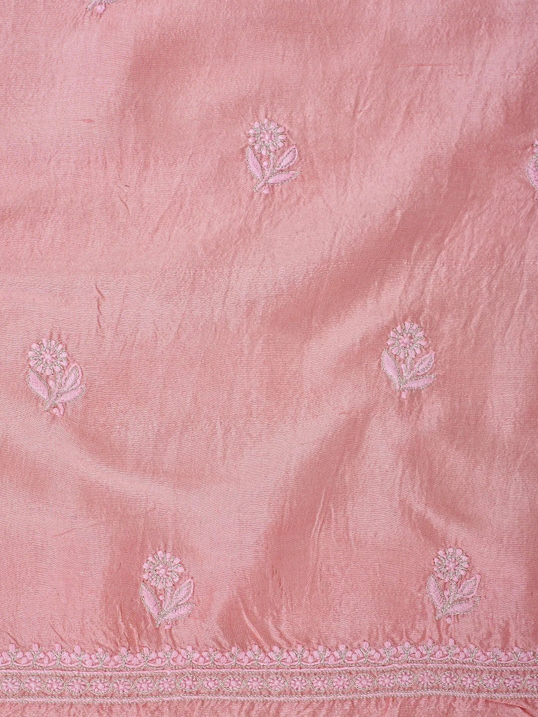 Ada Hand Embroidered Peachy Pink  Silk Lucknowi Chikankari Unstitched Kurta Dupatta Set With Zari Work 01A590740