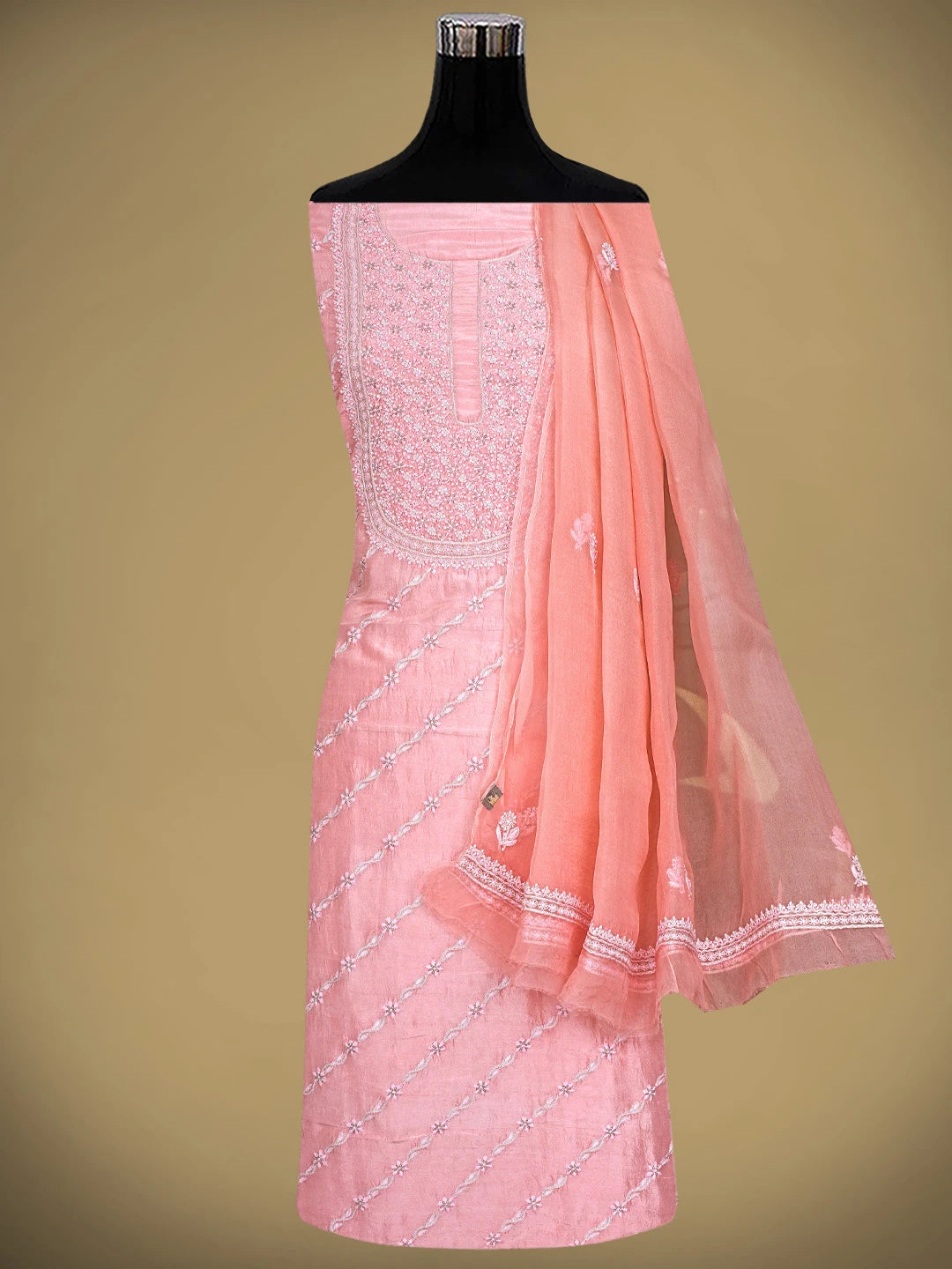 Ada Hand Embroidered Peachy Pink  Silk Lucknowi Chikankari Unstitched Kurta Dupatta Set With Zari Work 01A590740