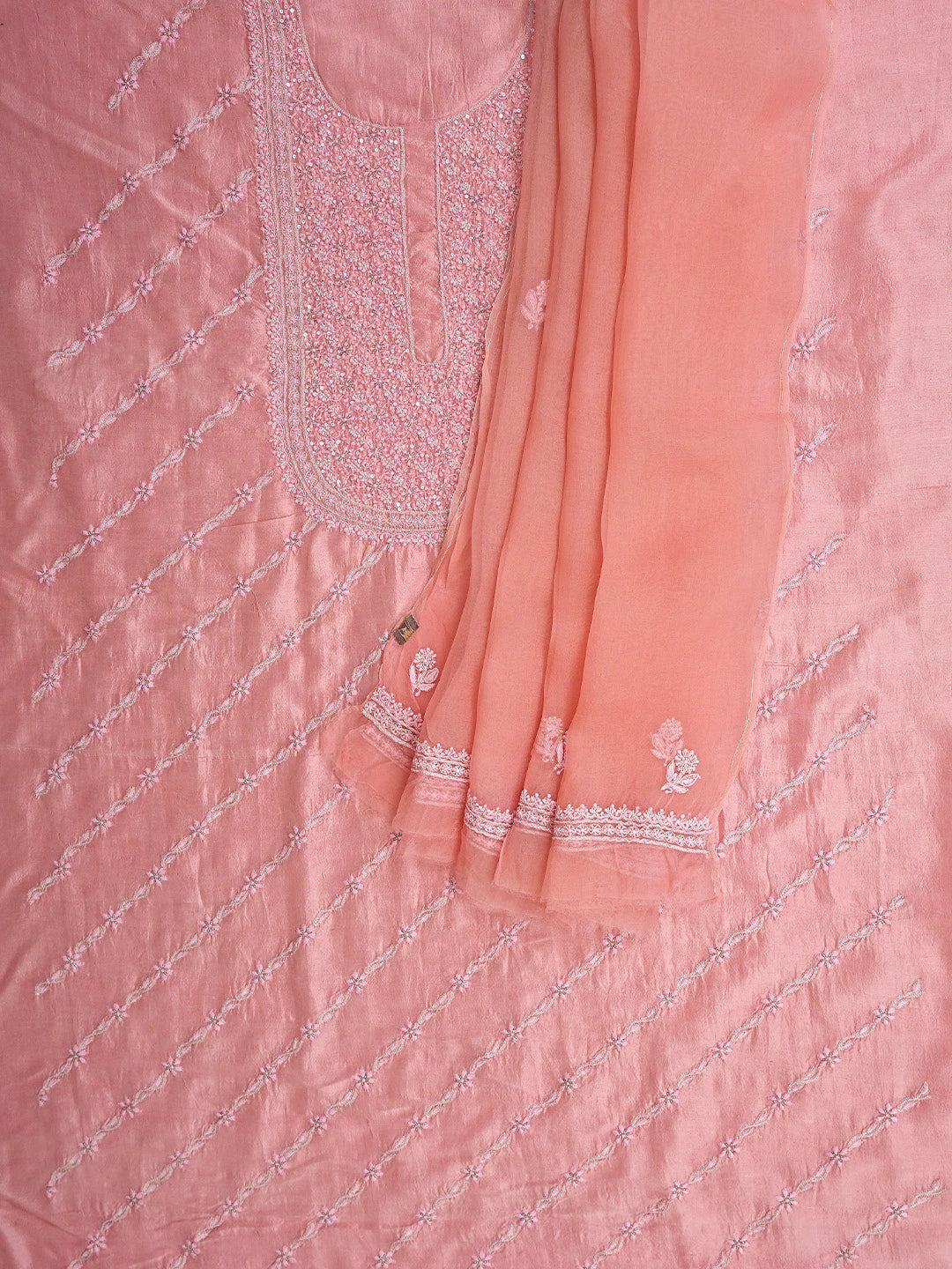 Ada Hand Embroidered Peachy Pink  Silk Lucknowi Chikankari Unstitched Kurta Dupatta Set With Zari Work 01A590740