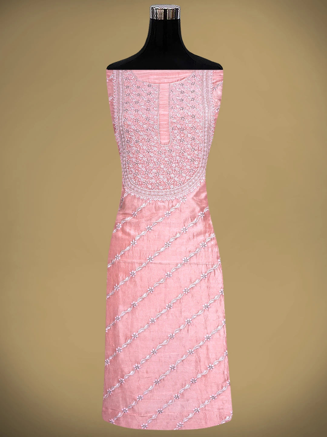 Ada Hand Embroidered Peachy Pink  Silk Lucknowi Chikankari Unstitched Kurta Dupatta Set With Zari Work 01A590740