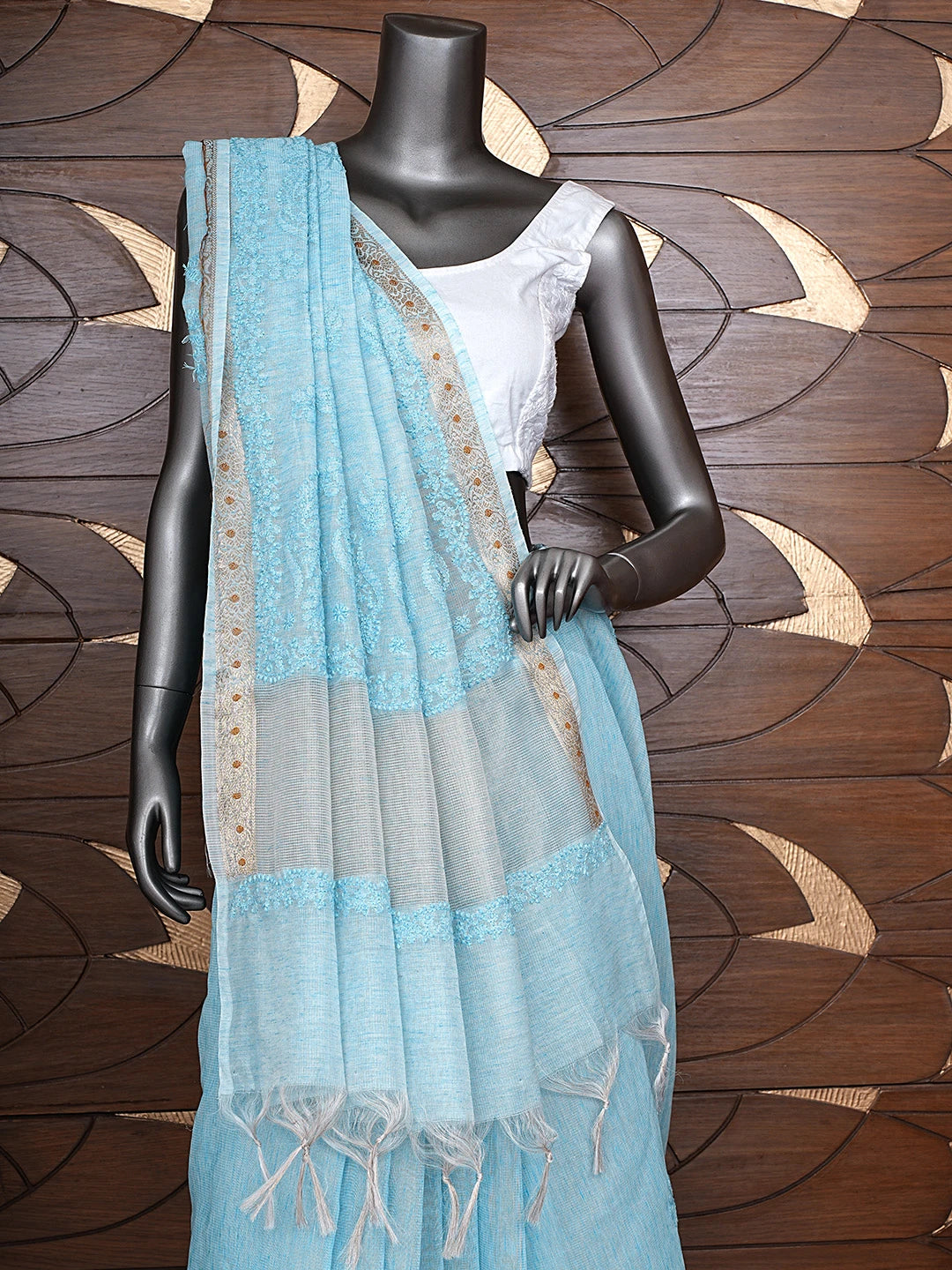Ada Hand Embroidered Sky Blue Tissue Lucknowi Chikankari Saree With Blouse 01A918132