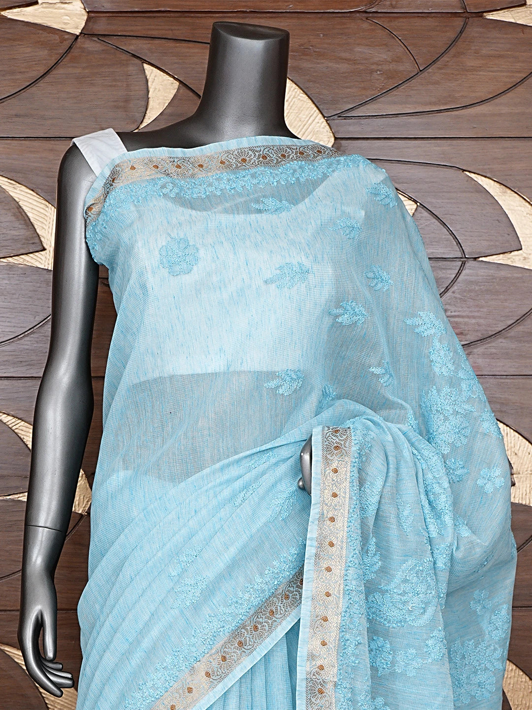 Ada Hand Embroidered Sky Blue Tissue Lucknowi Chikankari Saree With Blouse 01A918132