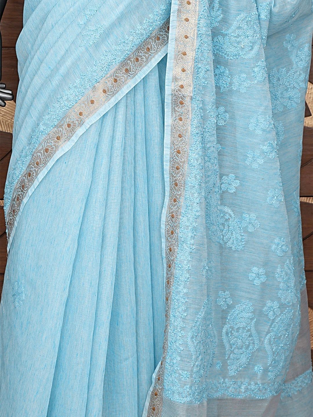 Ada Hand Embroidered Sky Blue Tissue Lucknowi Chikankari Saree With Blouse 01A918132