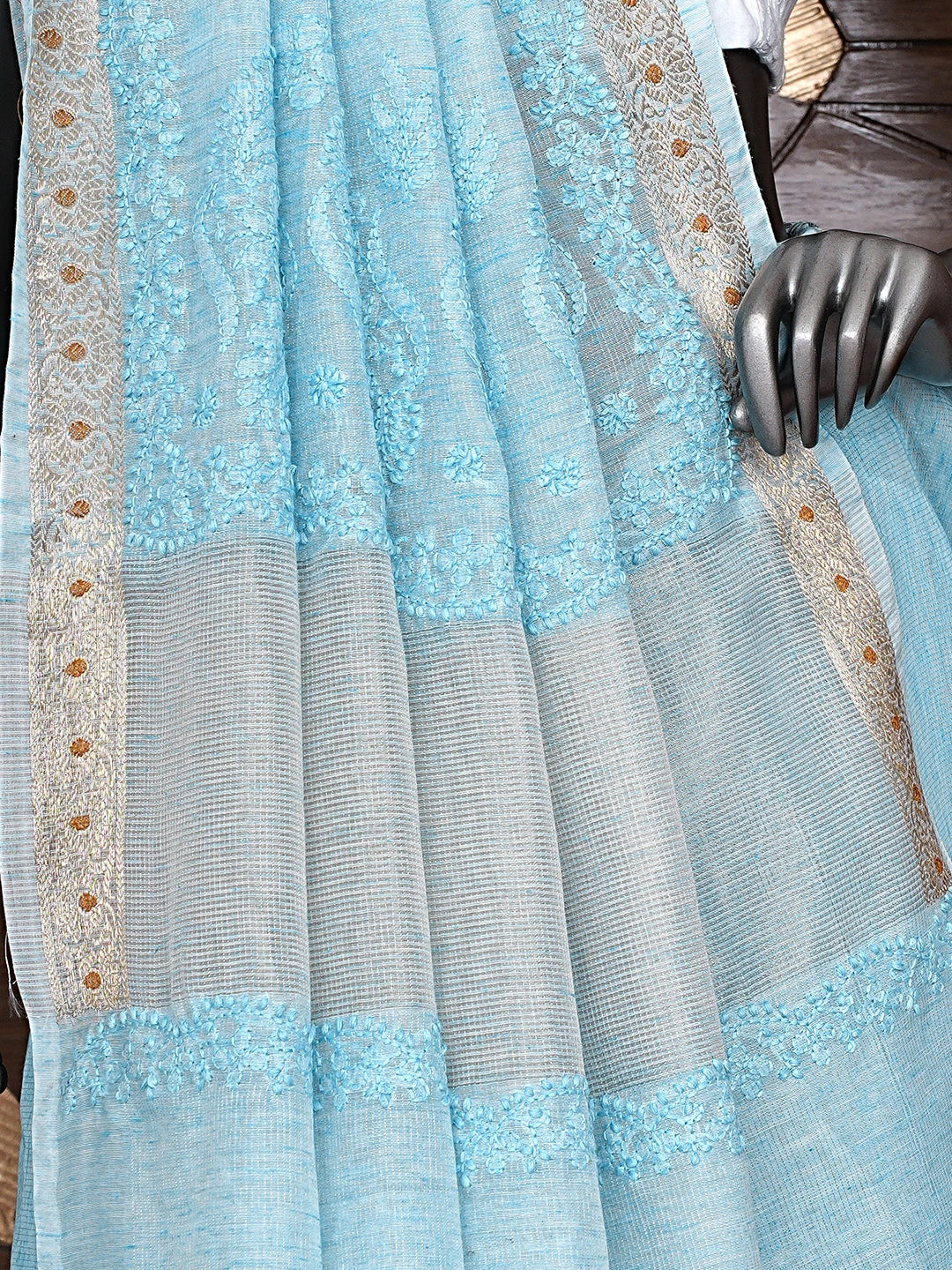 Ada Hand Embroidered Sky Blue Tissue Lucknowi Chikankari Saree With Blouse 01A918132
