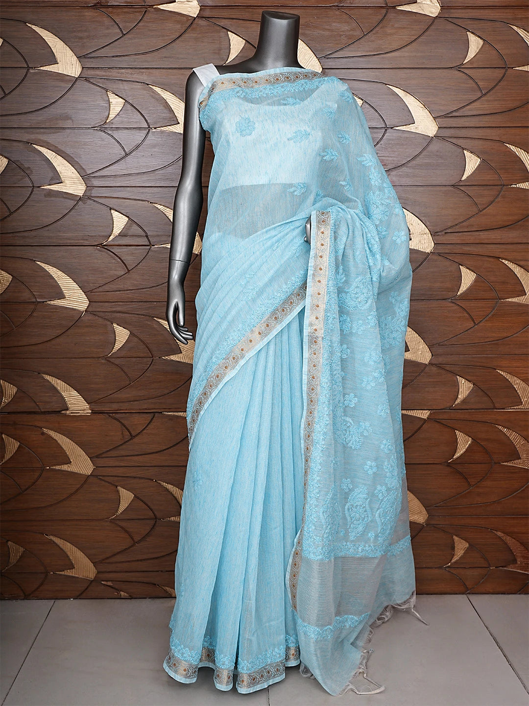 Ada Hand Embroidered Sky Blue Tissue Lucknowi Chikankari Saree With Blouse 01A918132