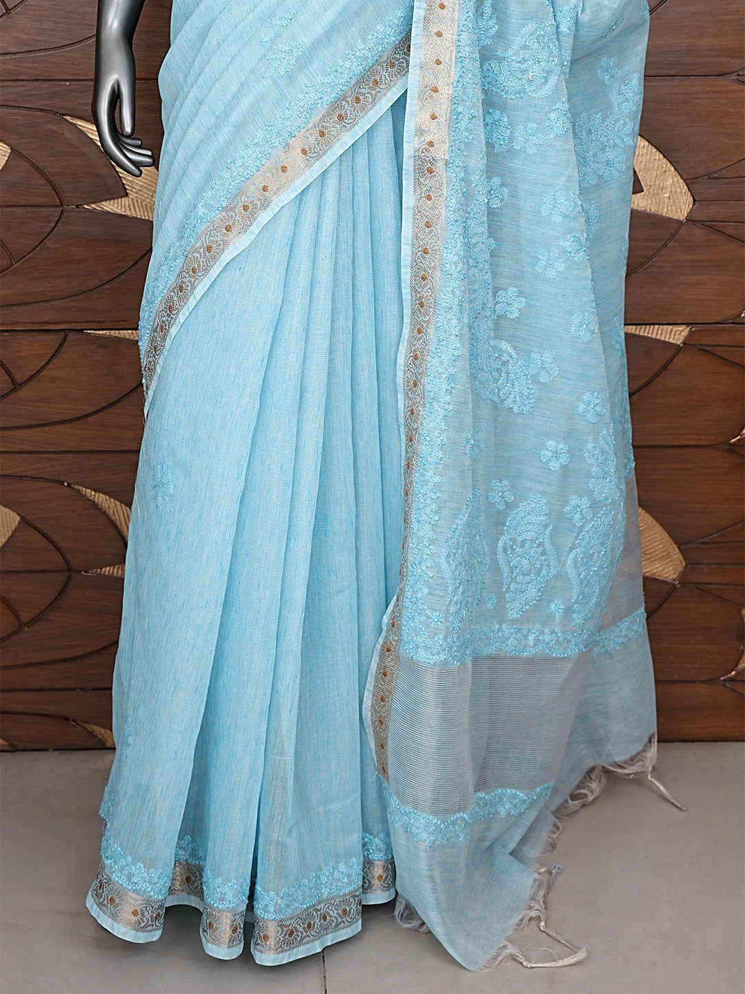 Ada Hand Embroidered Sky Blue Tissue Lucknowi Chikankari Saree With Blouse 01A918132