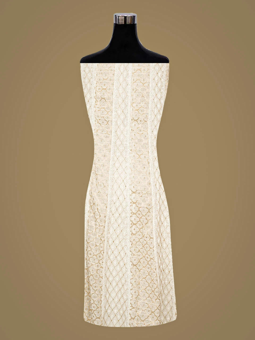 Ada Hand Embroidered Ivory White Chanderi Lucknowi Chikankari Semi Stitched Anarkali Kurta Dupatta Set With Sequinned Work 01A920394