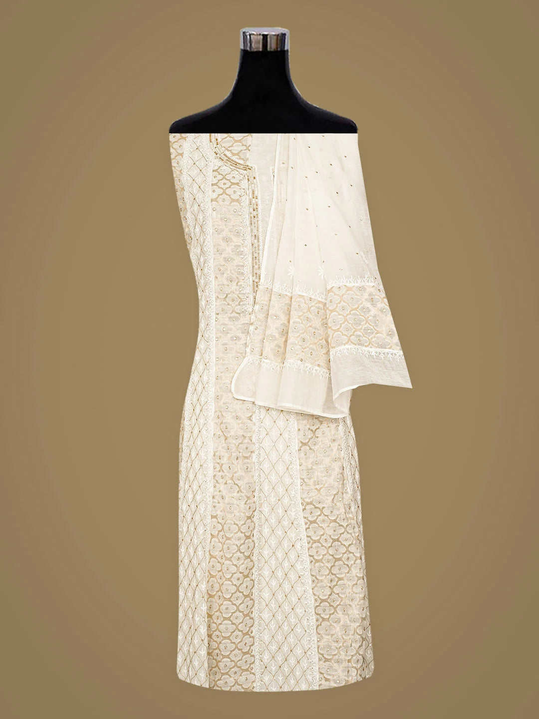 Ada Hand Embroidered Ivory White Chanderi Lucknowi Chikankari Semi Stitched Anarkali Kurta Dupatta Set With Sequinned Work 01A920394