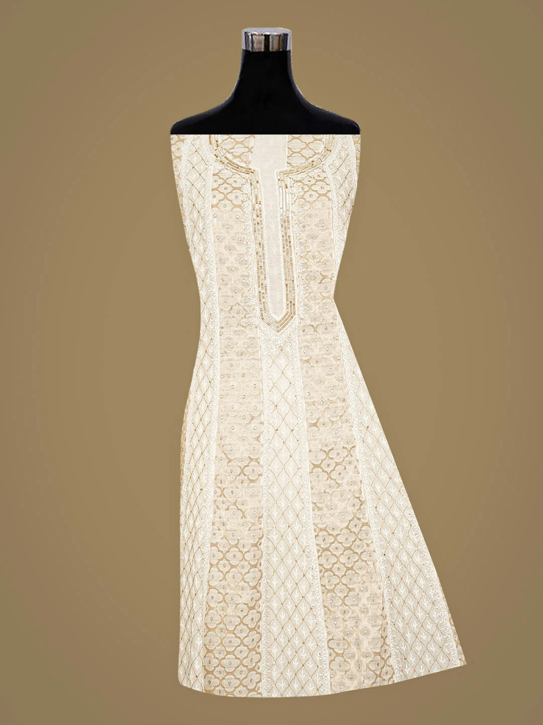 Ada Hand Embroidered Ivory White Chanderi Lucknowi Chikankari Semi Stitched Anarkali Kurta Dupatta Set With Sequinned Work 01A920394