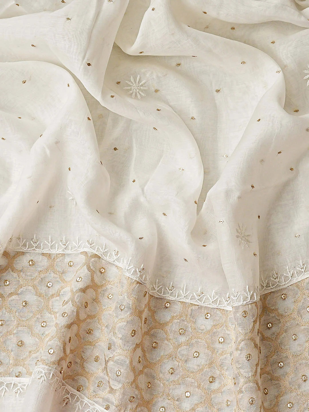 Ada Hand Embroidered Ivory White Chanderi Lucknowi Chikankari Semi Stitched Anarkali Kurta Dupatta Set With Sequinned Work 01A920394