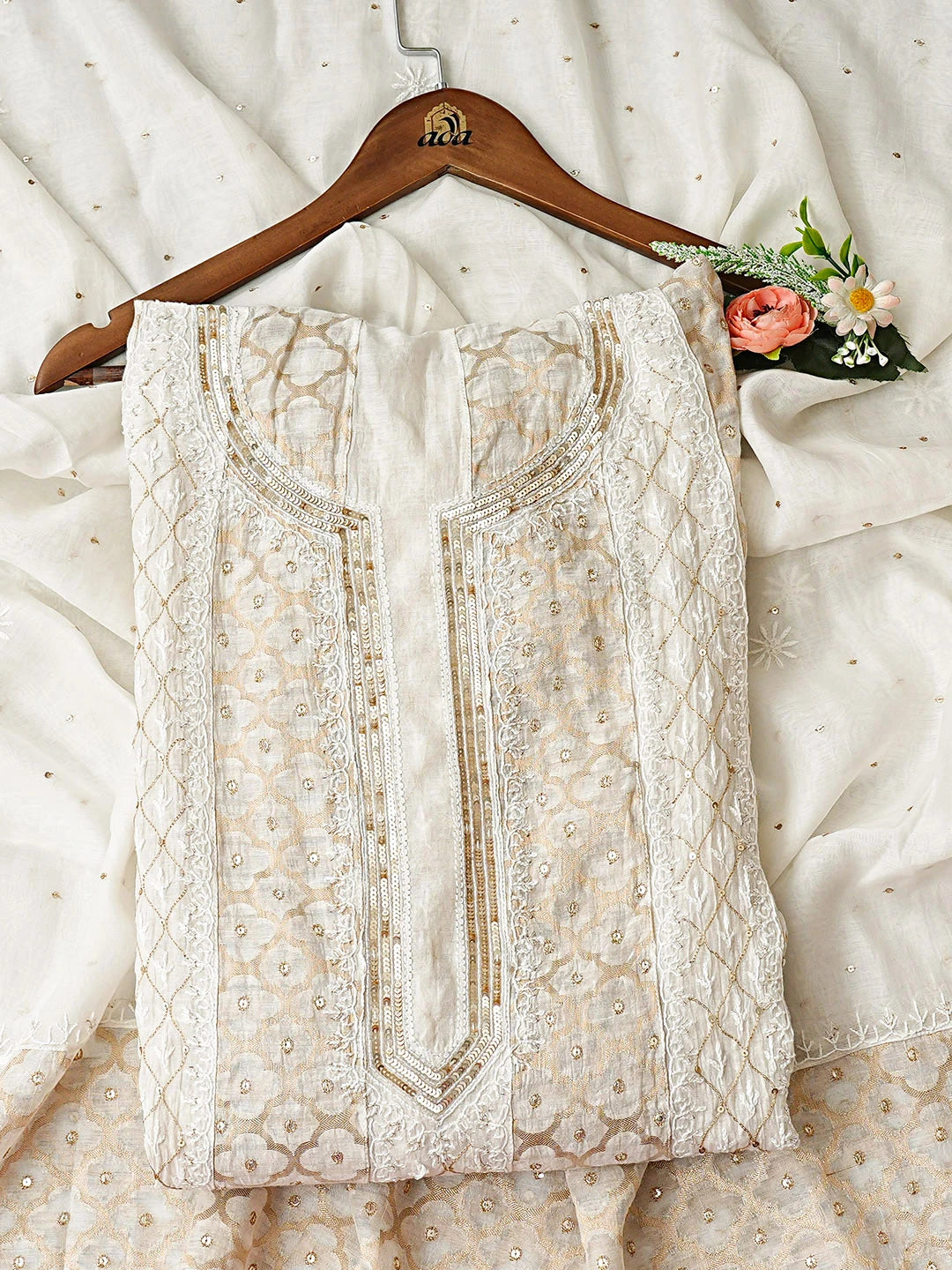 Ada Hand Embroidered Ivory White Chanderi Lucknowi Chikankari Semi Stitched Anarkali Kurta Dupatta Set With Sequinned Work 01A920394