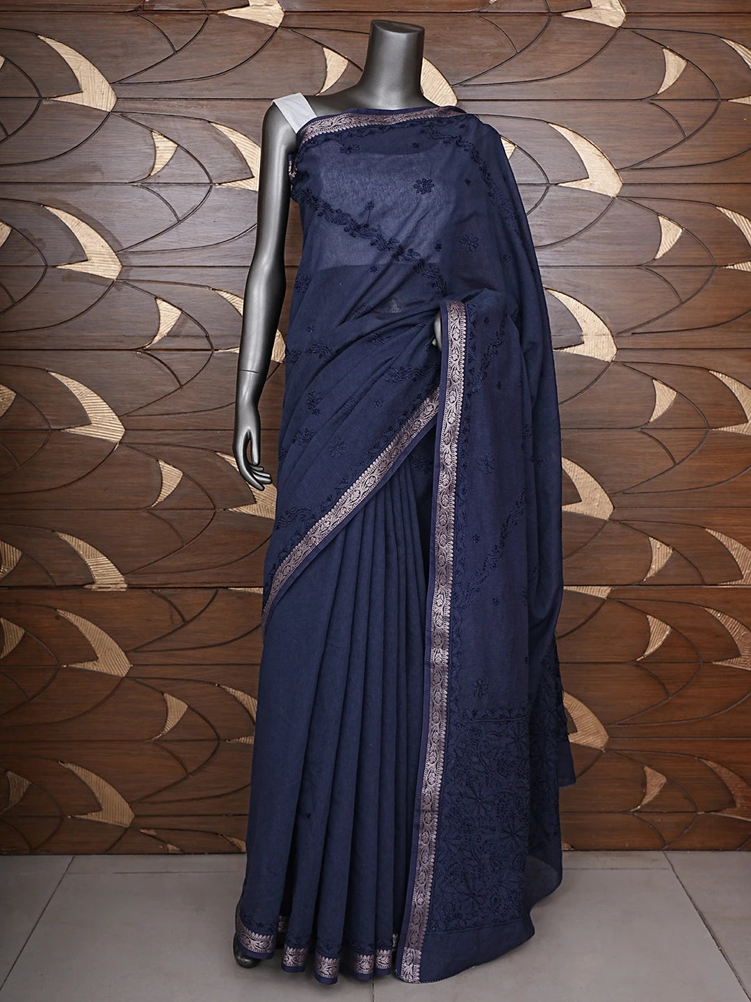 Ada Hand Embroidered Navy Blue Chanderi Lucknowi Chikankari Saree With Blouse 01A919743
