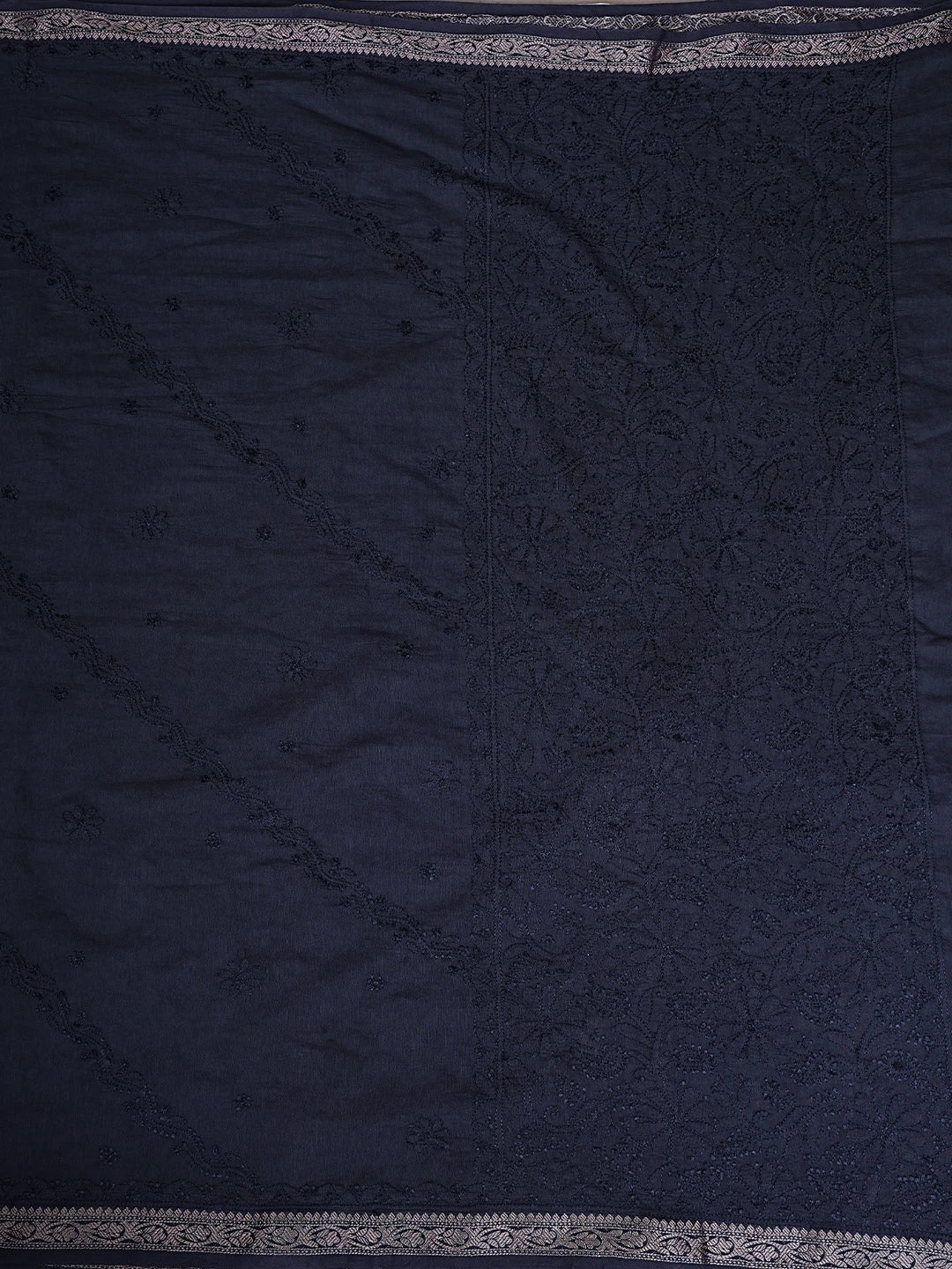 Ada Hand Embroidered Navy Blue Chanderi Lucknowi Chikankari Saree With Blouse 01A919743
