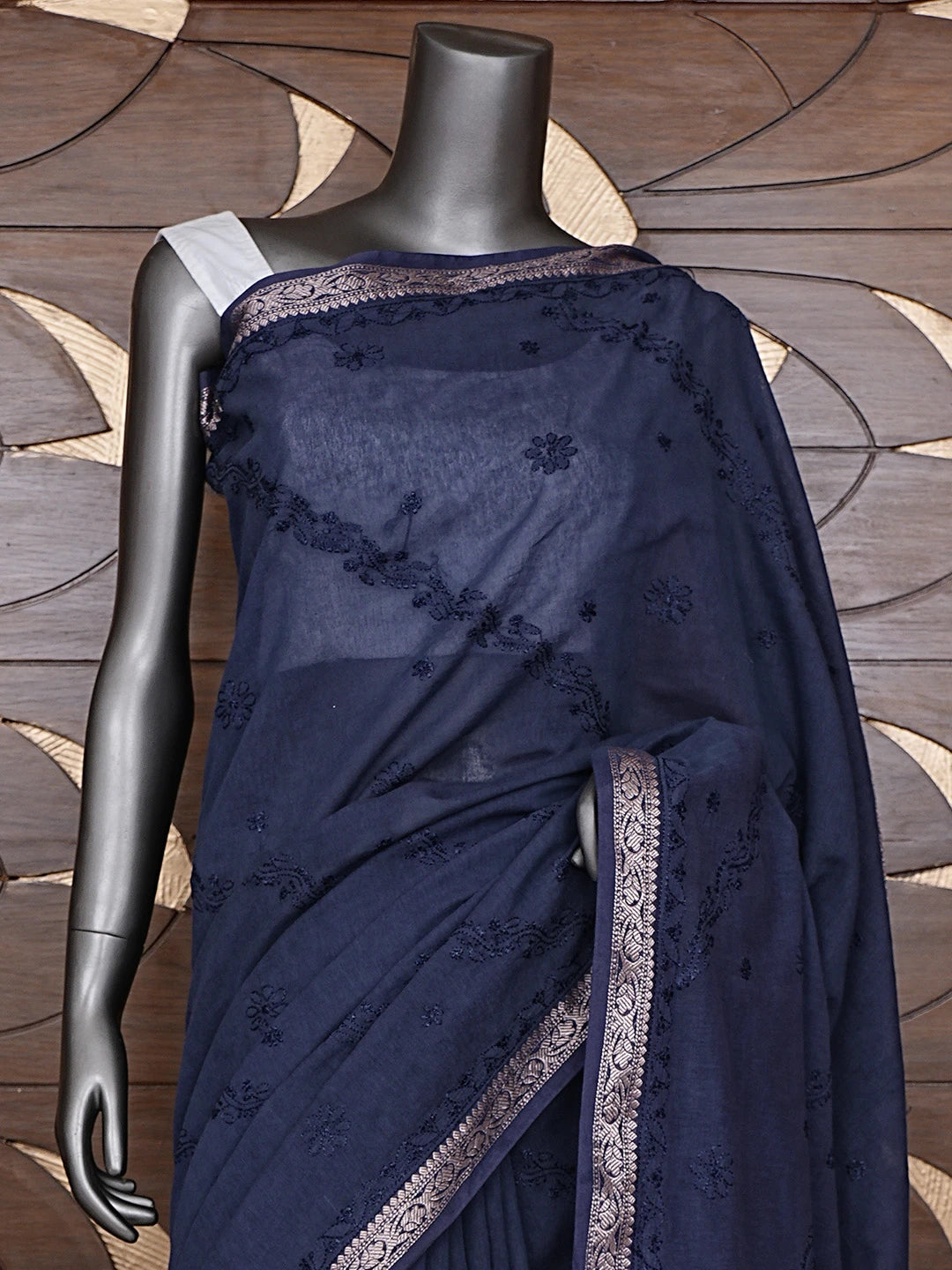 Ada Hand Embroidered Navy Blue Chanderi Lucknowi Chikankari Saree With Blouse 01A919743