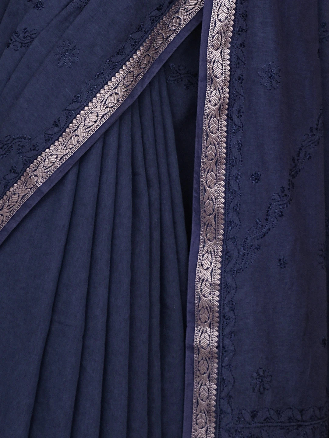 Ada Hand Embroidered Navy Blue Chanderi Lucknowi Chikankari Saree With Blouse 01A919743