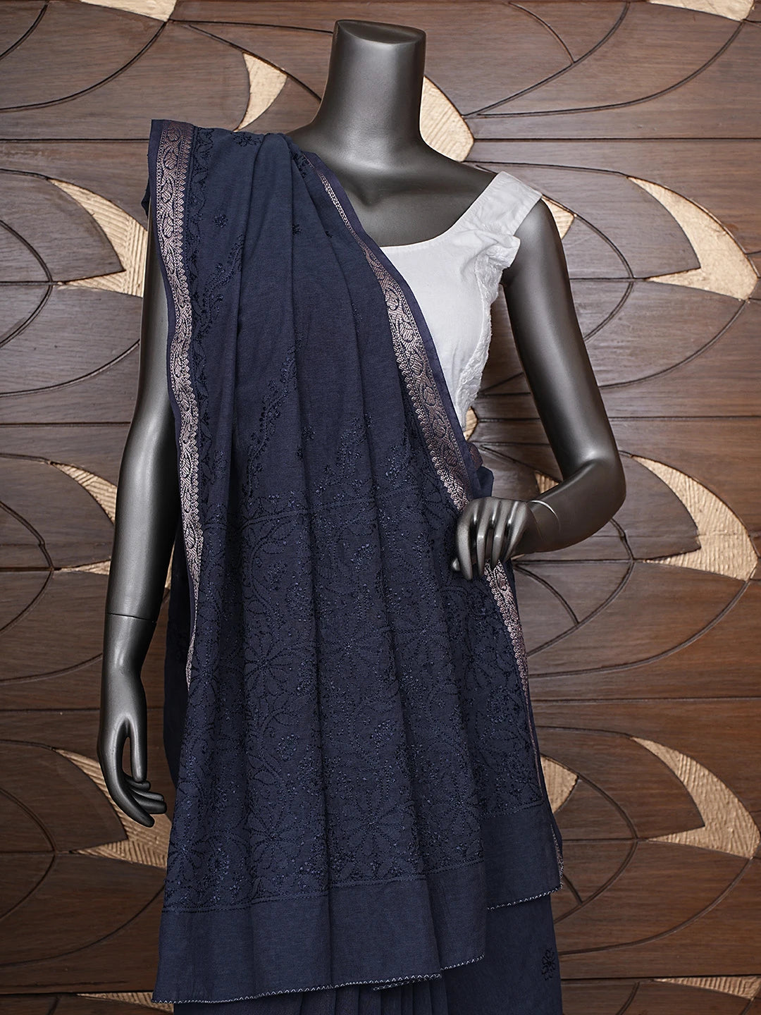 Ada Hand Embroidered Navy Blue Chanderi Lucknowi Chikankari Saree With Blouse 01A919743