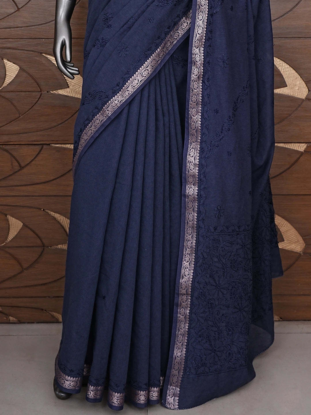 Ada Hand Embroidered Navy Blue Chanderi Lucknowi Chikankari Saree With Blouse 01A919743