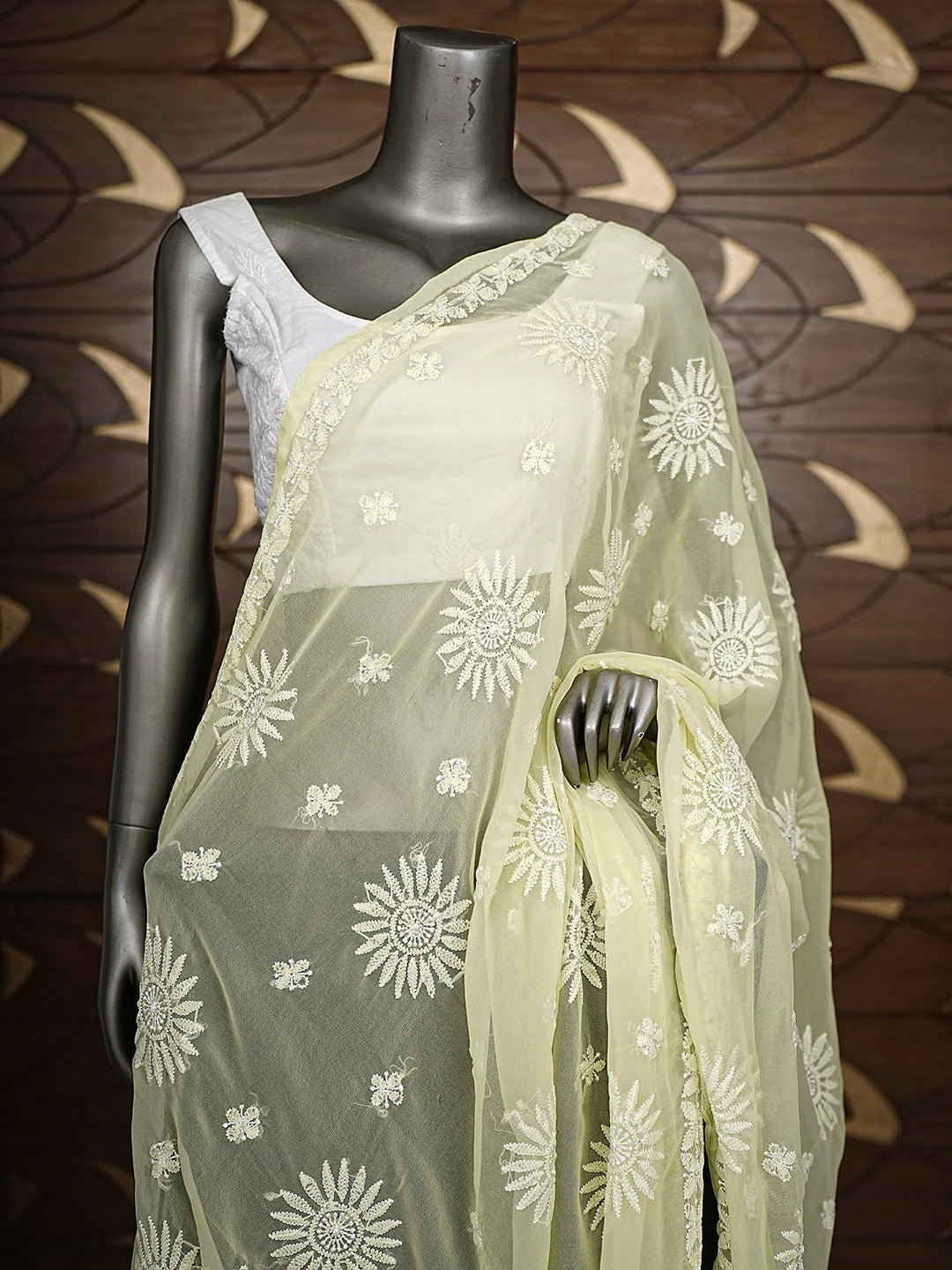 Ada Hand Embroidered Lemon Georgette Lucknowi Chikankari Dupatta A469047