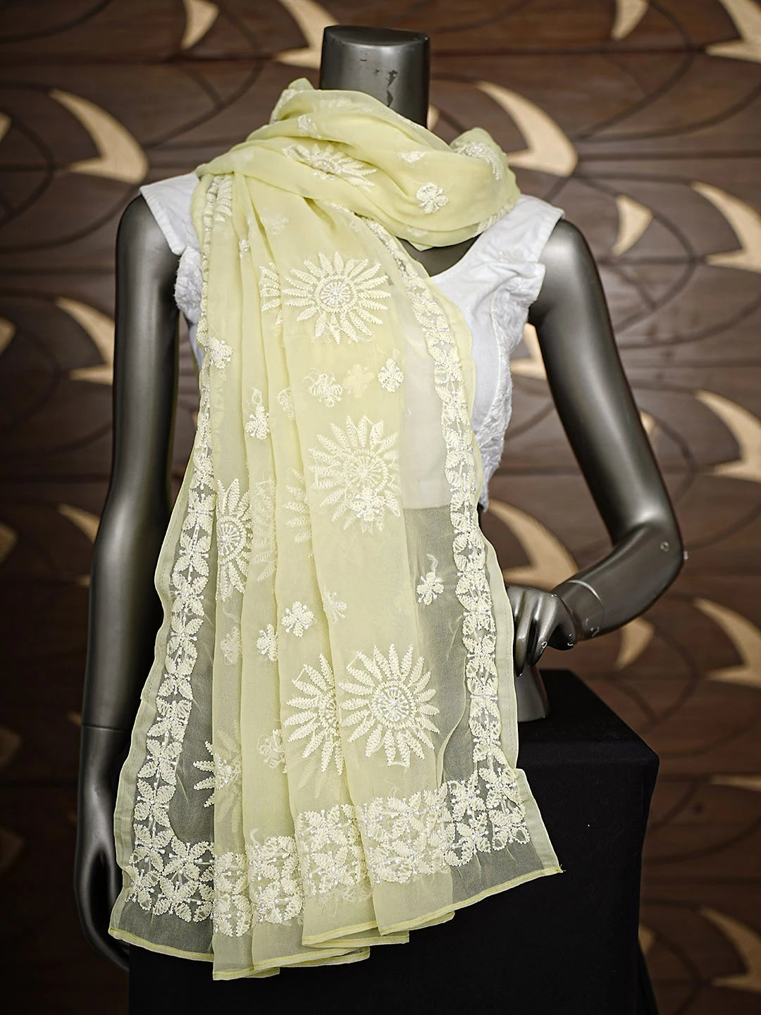 Ada Hand Embroidered Lemon Georgette Lucknowi Chikankari Dupatta A469047