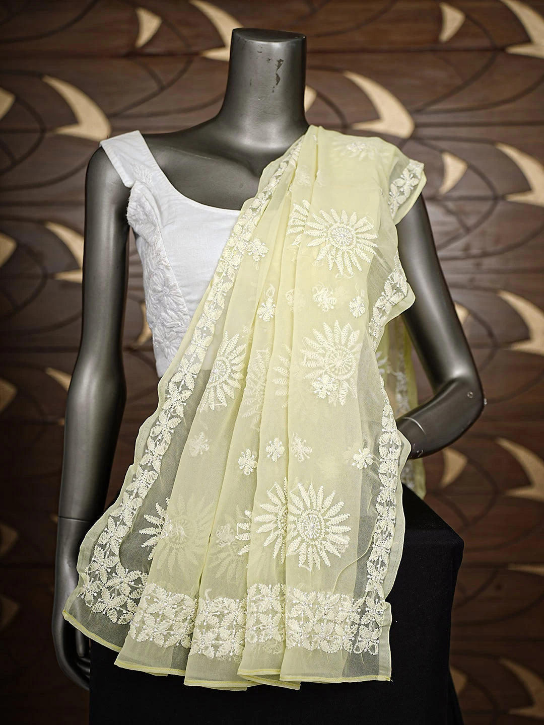 Ada Hand Embroidered Lemon Georgette Lucknowi Chikankari Dupatta A469047