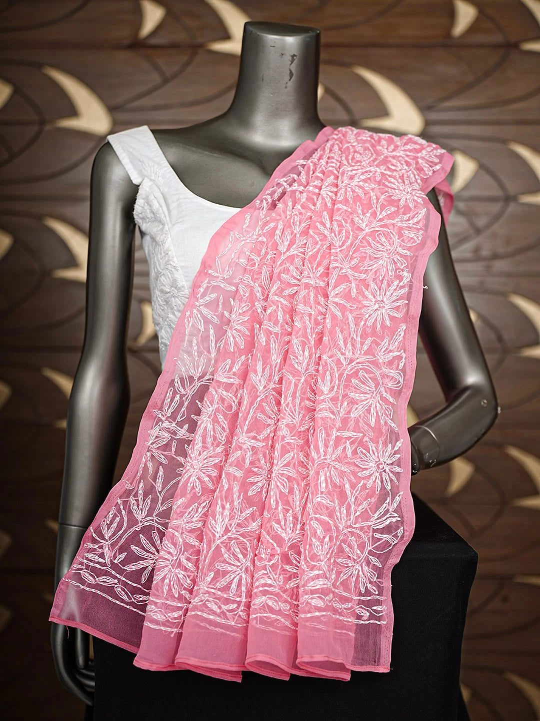 Ada Hand Embroidered Carrot Pink Georgette Lucknowi Chikankari Dupatta 01A859611