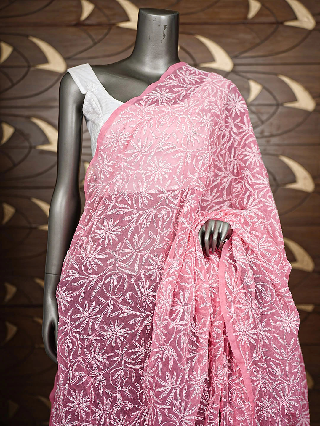 Ada Hand Embroidered Carrot Pink Georgette Lucknowi Chikankari Dupatta 01A859611