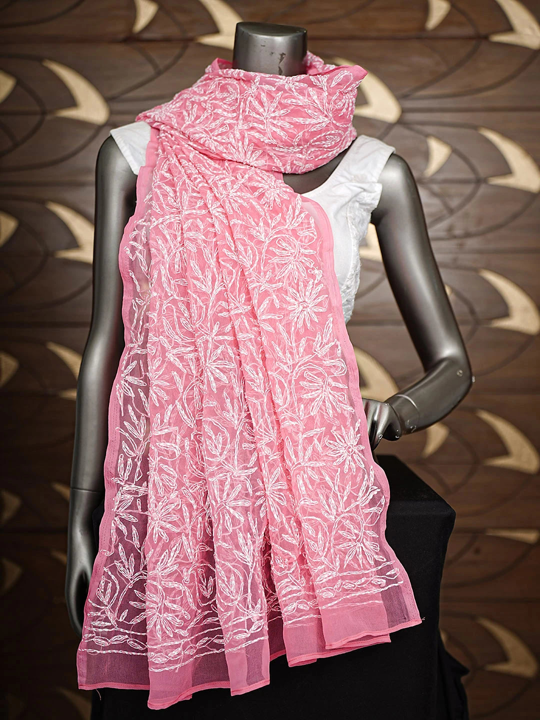 Ada Hand Embroidered Carrot Pink Georgette Lucknowi Chikankari Dupatta 01A859611