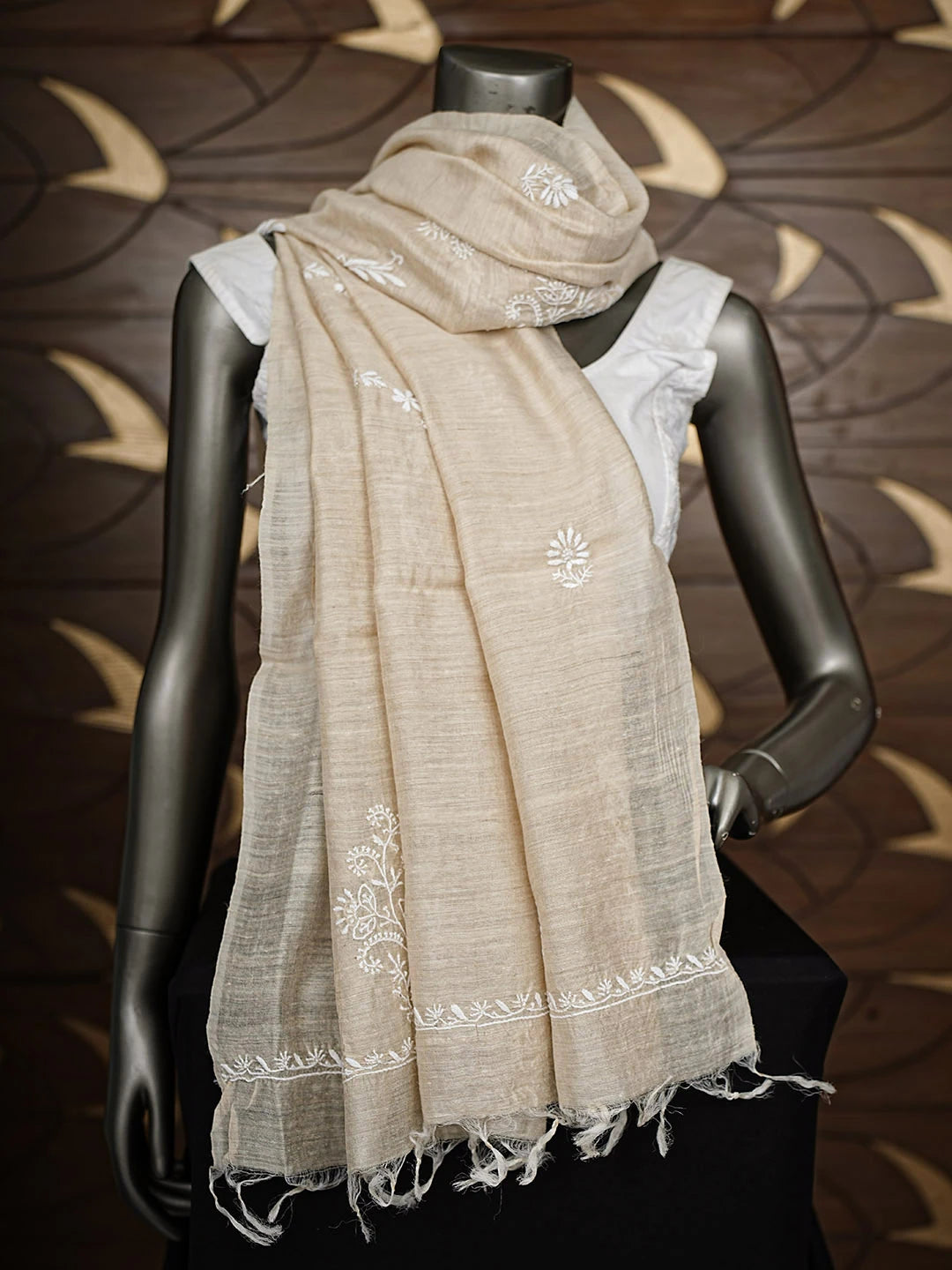 Ada Hand Embroidered Fawn Moonga Silk Lucknowi Chikankari Dupatta 01A881937