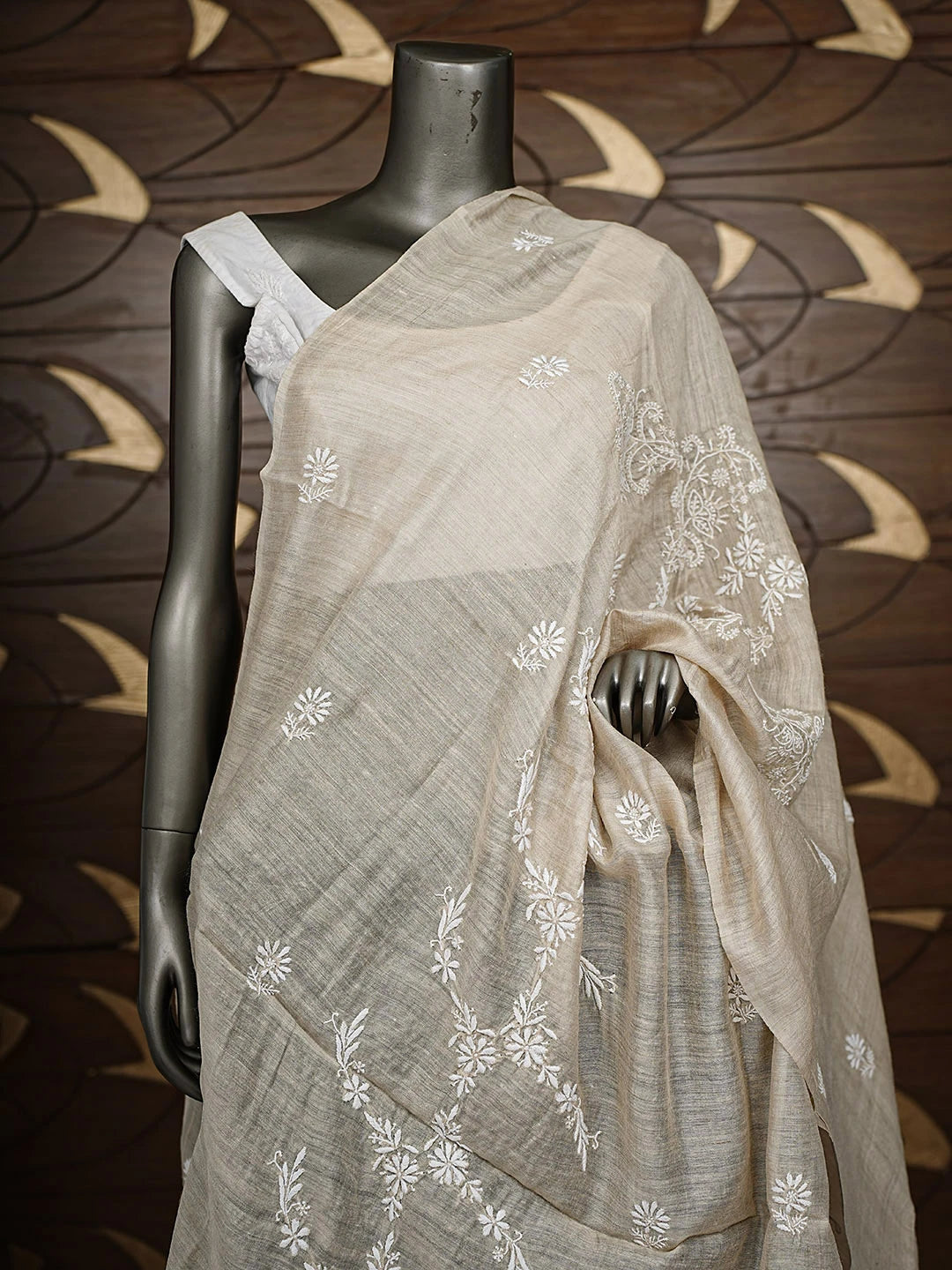Ada Hand Embroidered Fawn Moonga Silk Lucknowi Chikankari Dupatta 01A881937