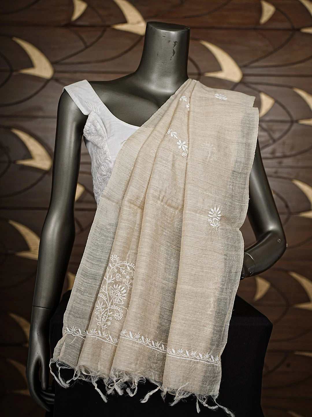 Ada Hand Embroidered Fawn Moonga Silk Lucknowi Chikankari Dupatta 01A881937