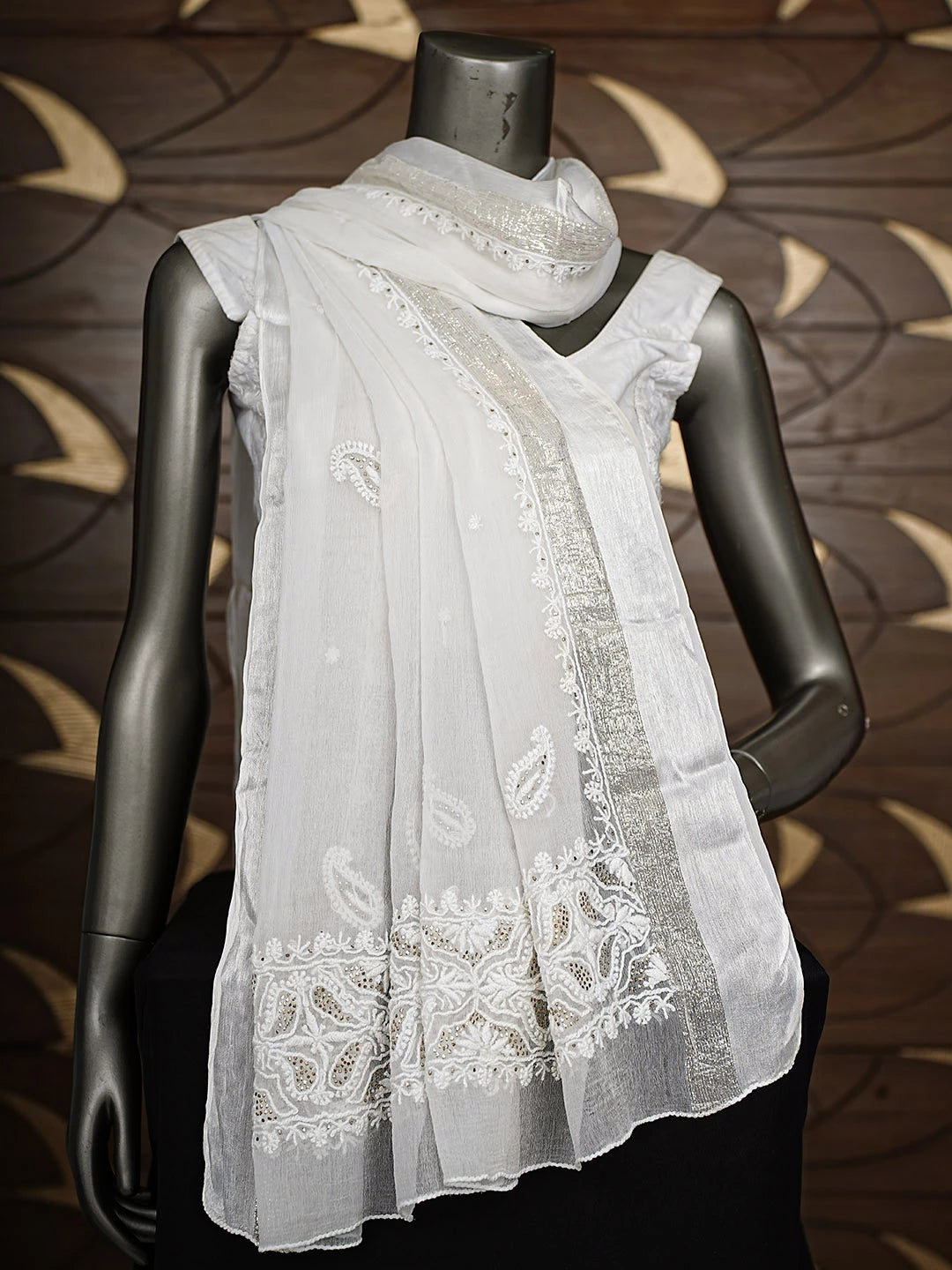 Ada Hand Embroidered White Chiffon Lucknowi Chikankari Dupatta With Muqaish/Mukaish Work 01A721833