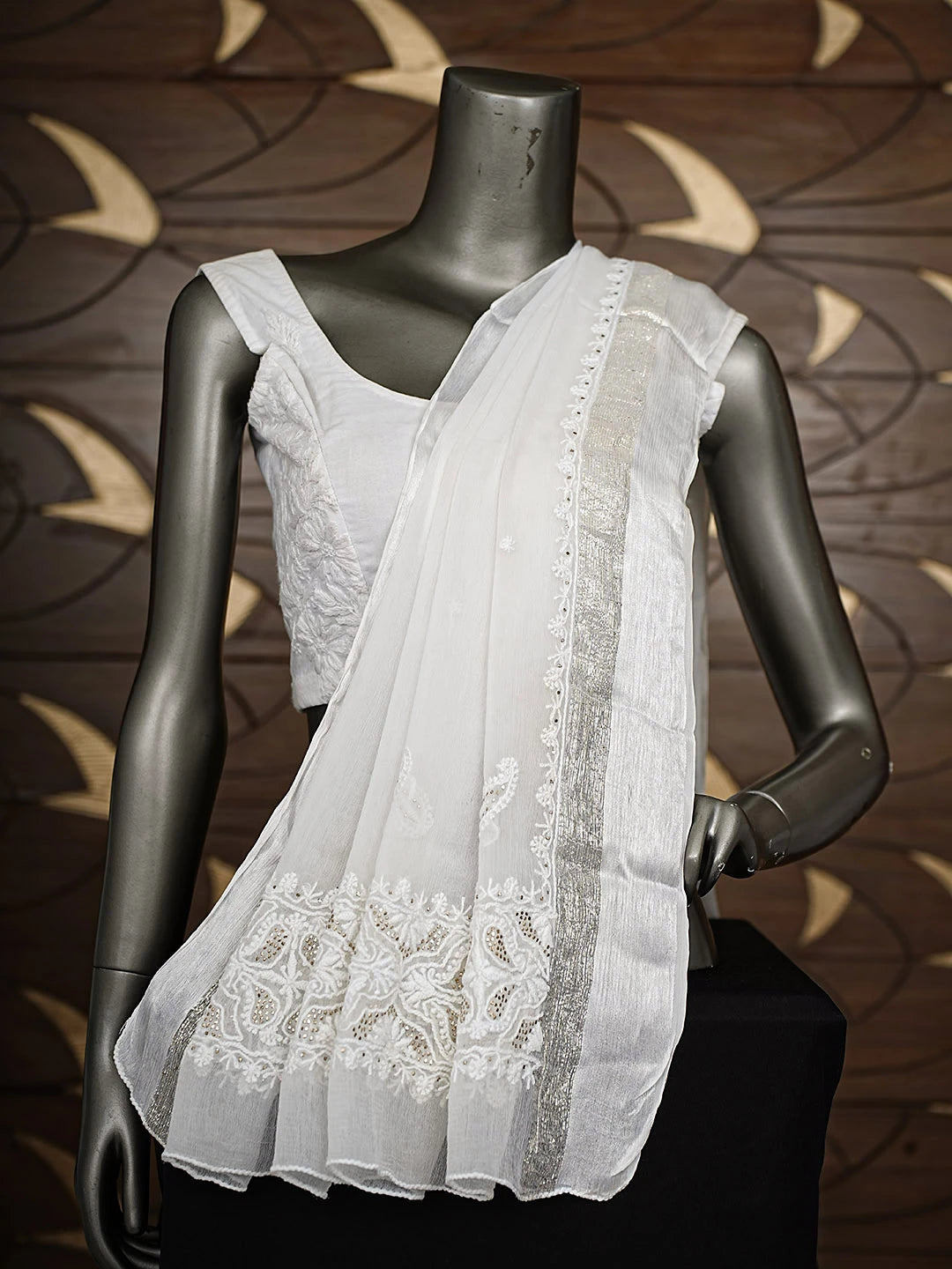 Ada Hand Embroidered White Chiffon Lucknowi Chikankari Dupatta With Muqaish/Mukaish Work 01A721833