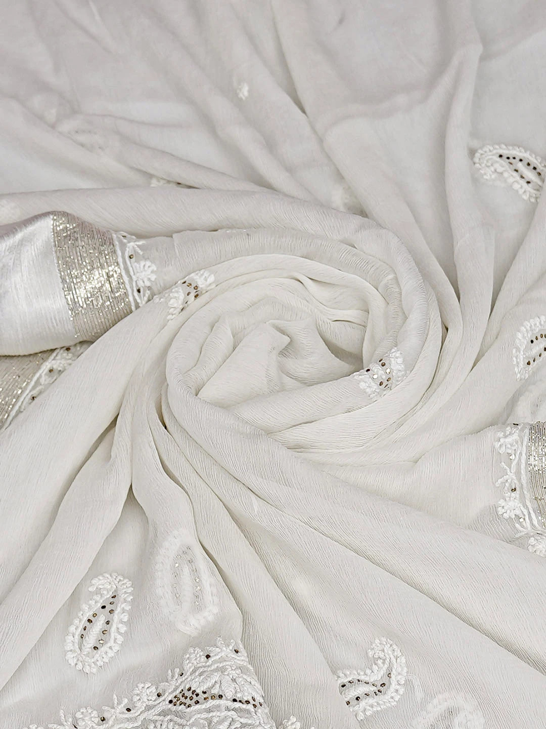 Ada Hand Embroidered White Chiffon Lucknowi Chikankari Dupatta With Muqaish/Mukaish Work 01A721833