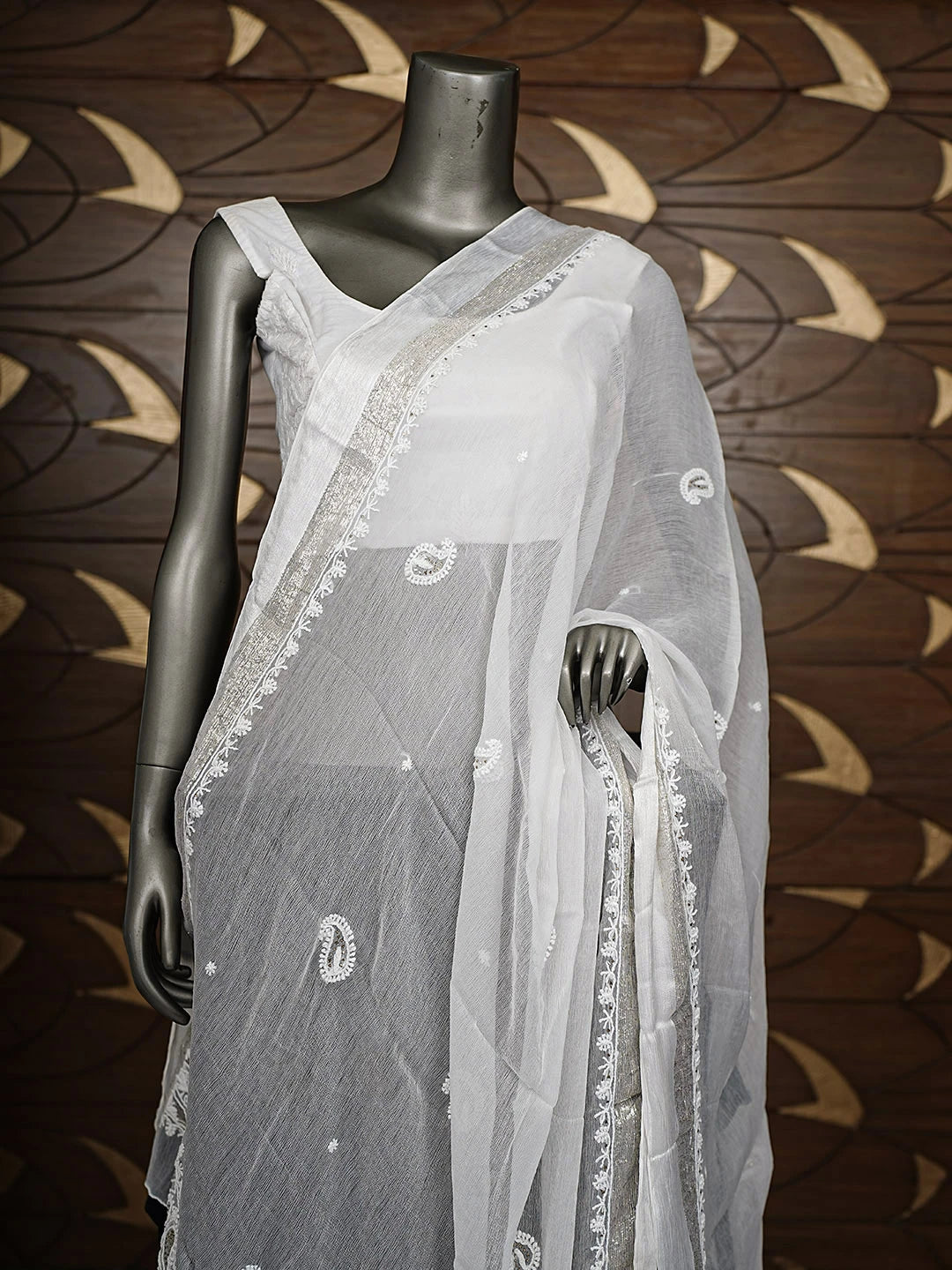 Ada Hand Embroidered White Chiffon Lucknowi Chikankari Dupatta With Muqaish/Mukaish Work 01A721833