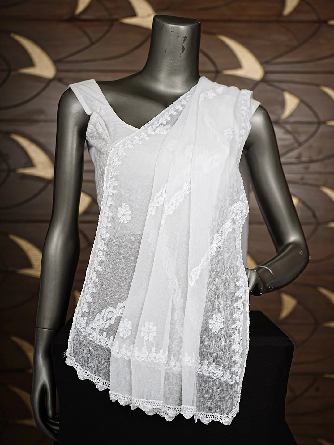Ada Hand Embroidered White Chiffon Lucknowi Chikankari Dupatta 01A918823