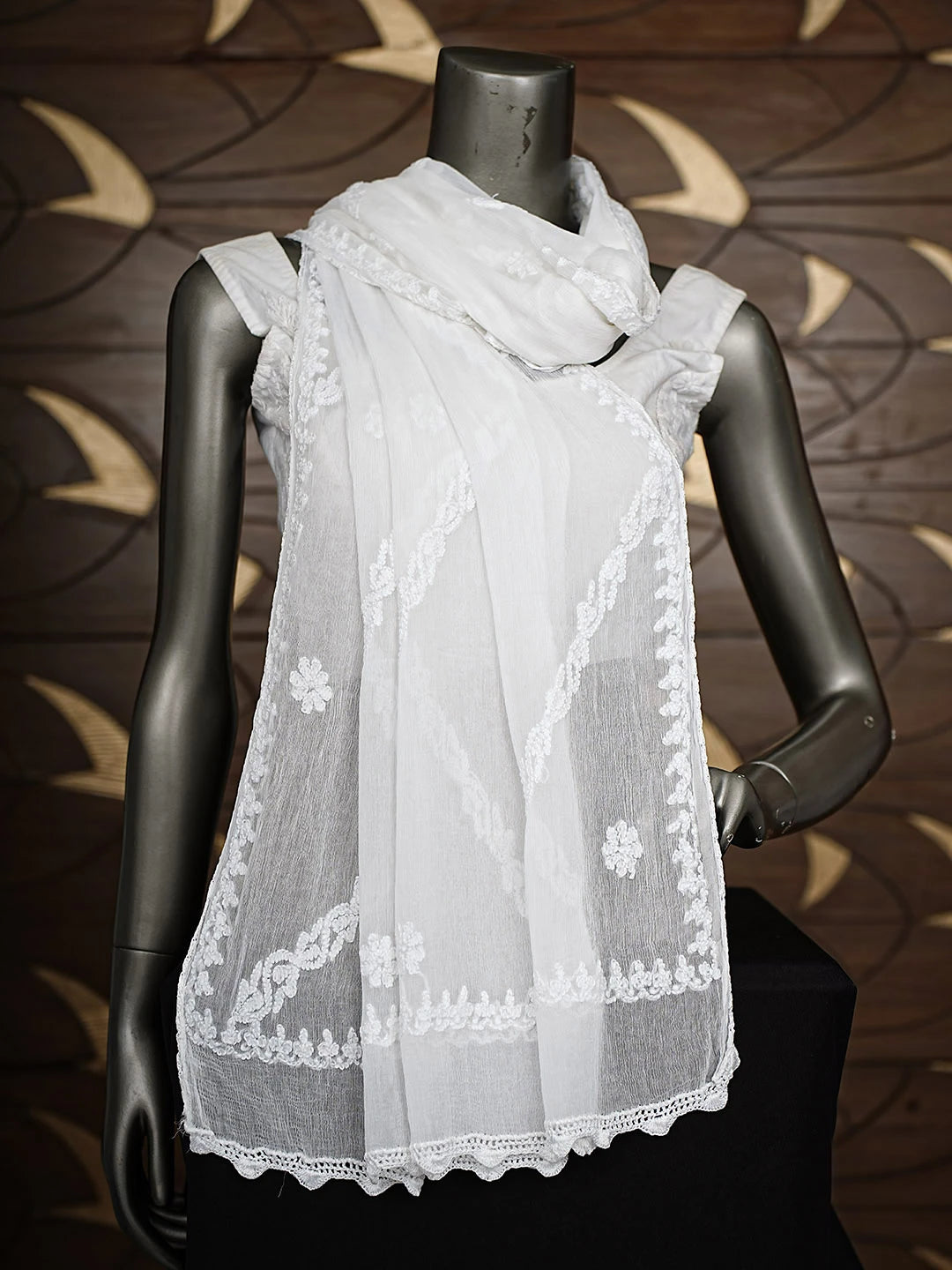 Ada Hand Embroidered White Chiffon Lucknowi Chikankari Dupatta 01A918823