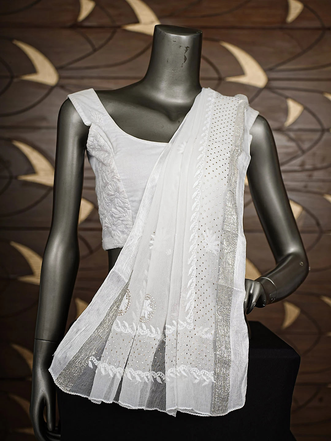 Ada Hand Embroidered White Chiffon Lucknowi Chikankari Dupatta With Muqaish/Mukaish Work 01A767550