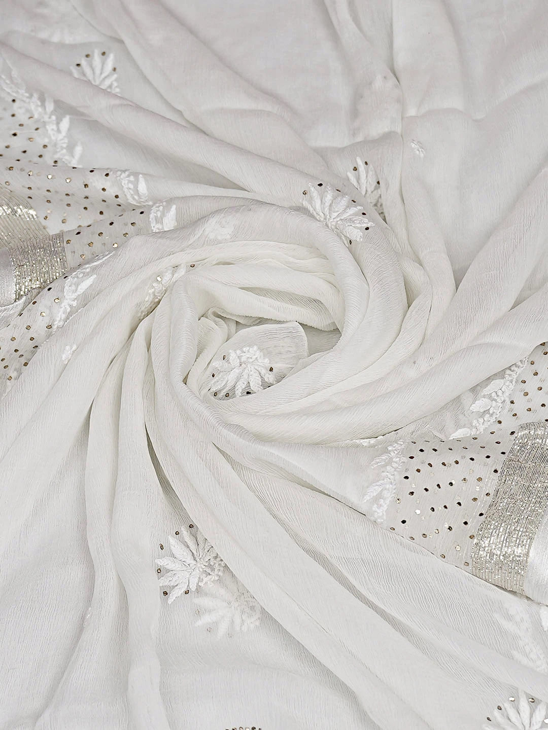 Ada Hand Embroidered White Chiffon Lucknowi Chikankari Dupatta With Muqaish/Mukaish Work 01A767550