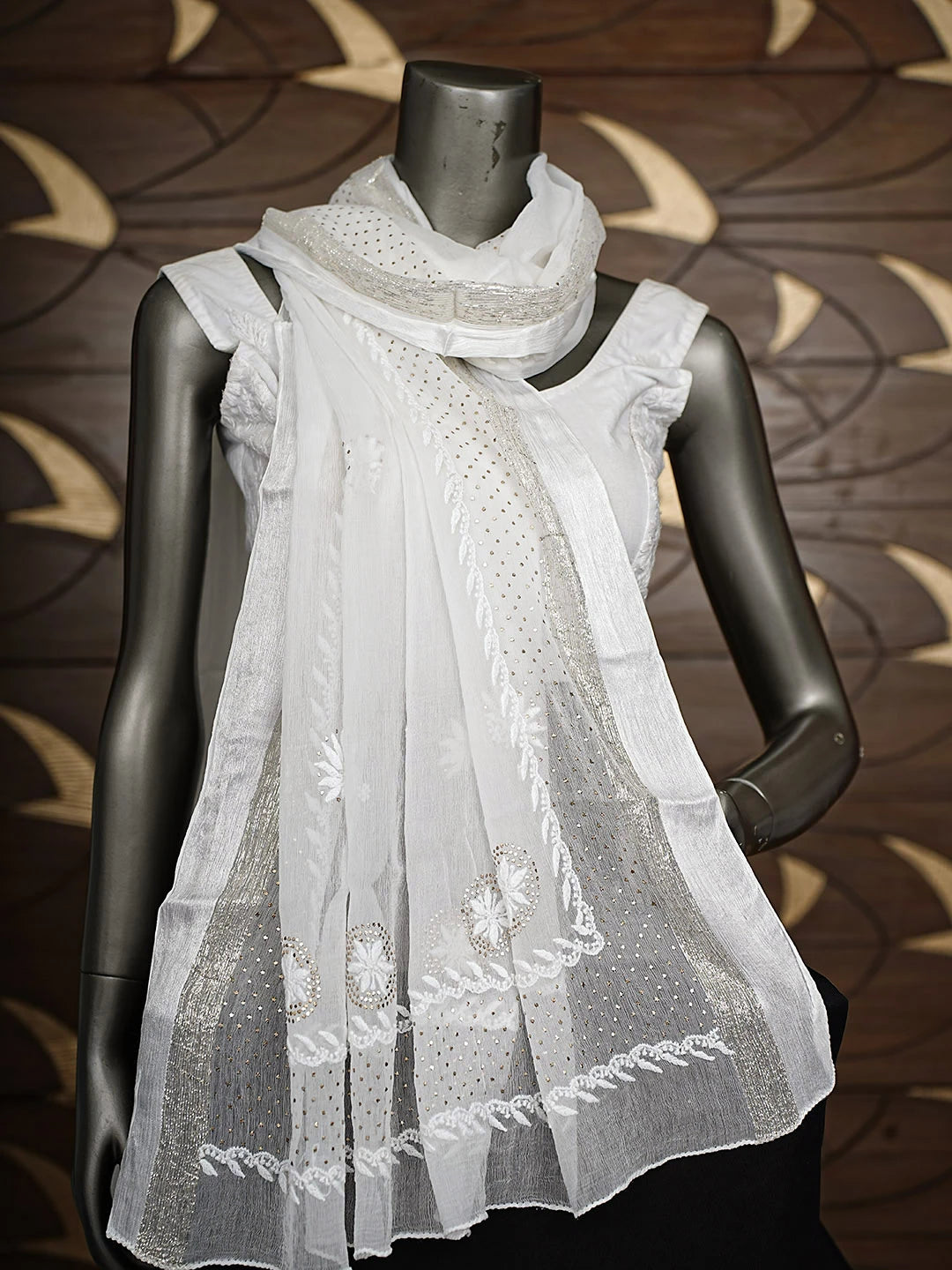 Ada Hand Embroidered White Chiffon Lucknowi Chikankari Dupatta With Muqaish/Mukaish Work 01A767550