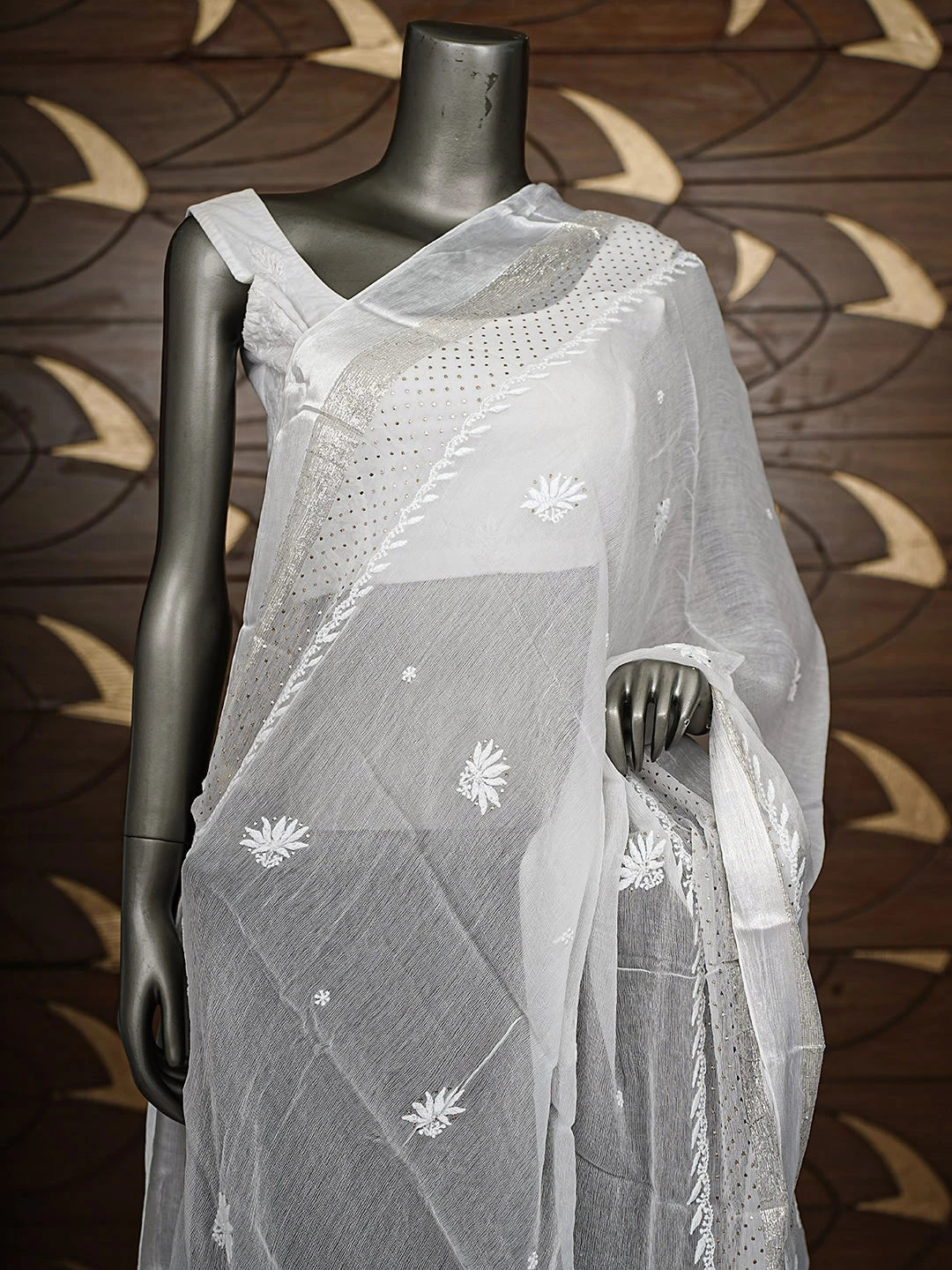 Ada Hand Embroidered White Chiffon Lucknowi Chikankari Dupatta With Muqaish/Mukaish Work 01A767550
