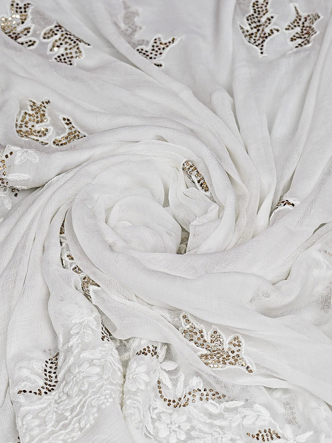 Ada Hand Embroidered White Chiffon Lucknowi Chikankari Dupatta With Muqaish/Mukaish Work 01A731195