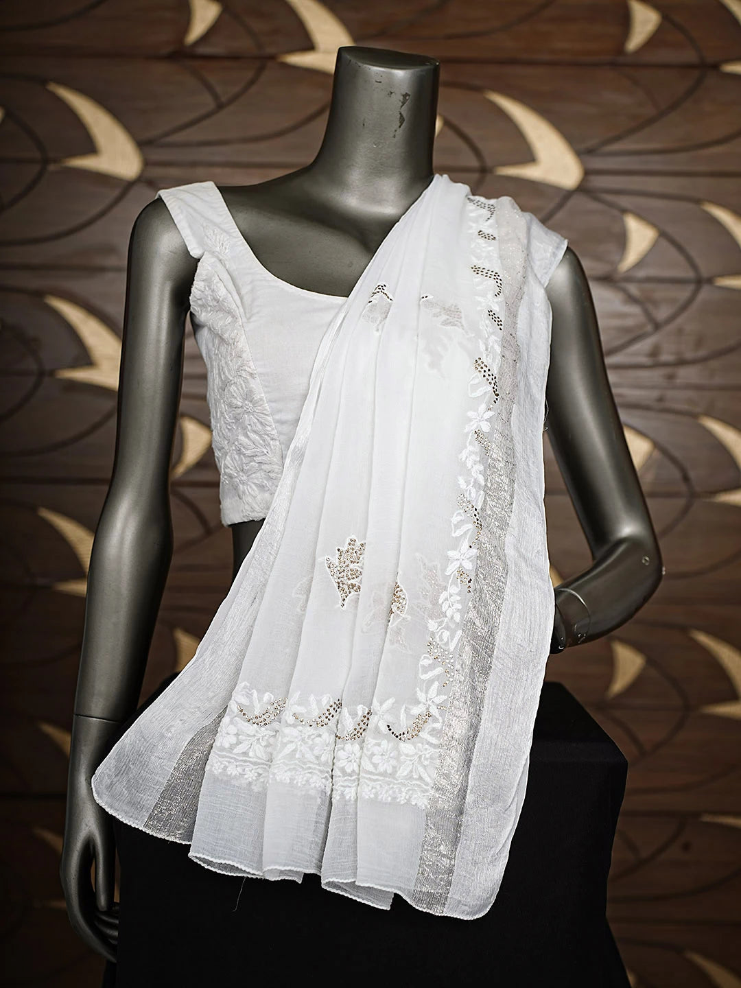 Ada Hand Embroidered White Chiffon Lucknowi Chikankari Dupatta With Muqaish/Mukaish Work 01A731195