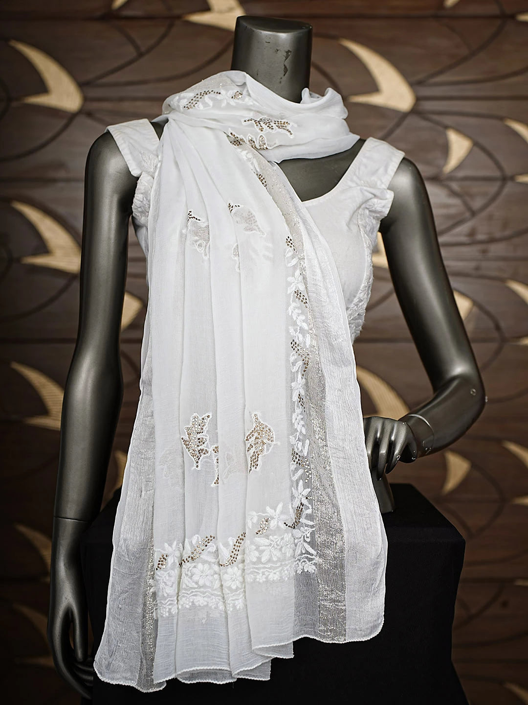 Ada Hand Embroidered White Chiffon Lucknowi Chikankari Dupatta With Muqaish/Mukaish Work 01A731195