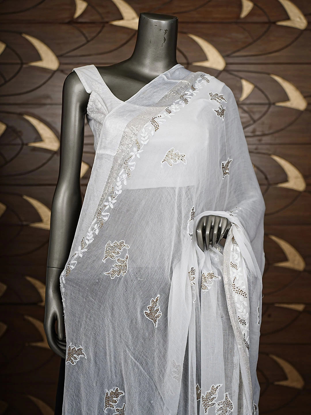 Ada Hand Embroidered White Chiffon Lucknowi Chikankari Dupatta With Muqaish/Mukaish Work 01A731195