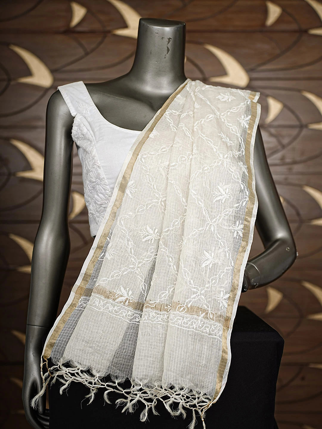 Ada Hand Embroidered Cream Kota Silk Lucknowi Chikankari Dupatta 01A908990